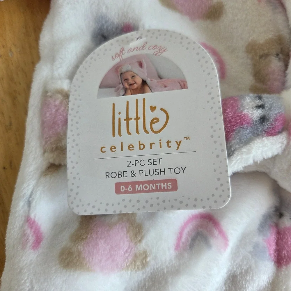 NEW Little Celebrity Two Piece Set Hooded Robe with Plush Teddy Bear Rainbows